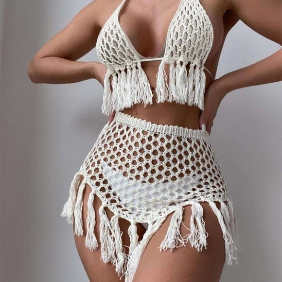 CROCHET FRINGE BACKLESS TIE HALTER TWO PIECE COVER UP SET SUMMER BEACH TRENDING - Picture 6 of 8